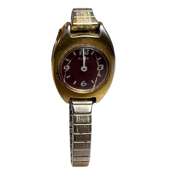Vintage Timex Ladies Oval Wristwatch Burgundy Dial Stretch Bracelet